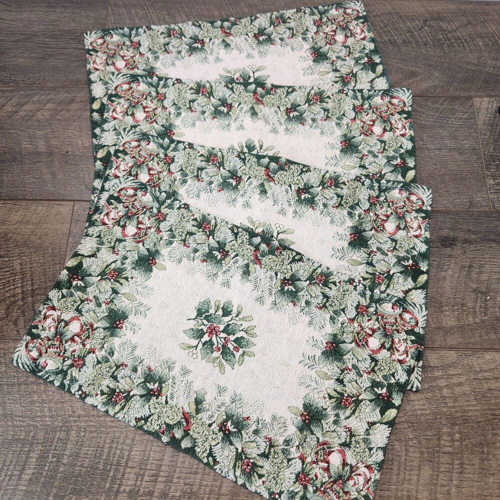 Vintage Holiday Tapestry Placemats Set of 4 Green Red Holly Berries 19"x12"
